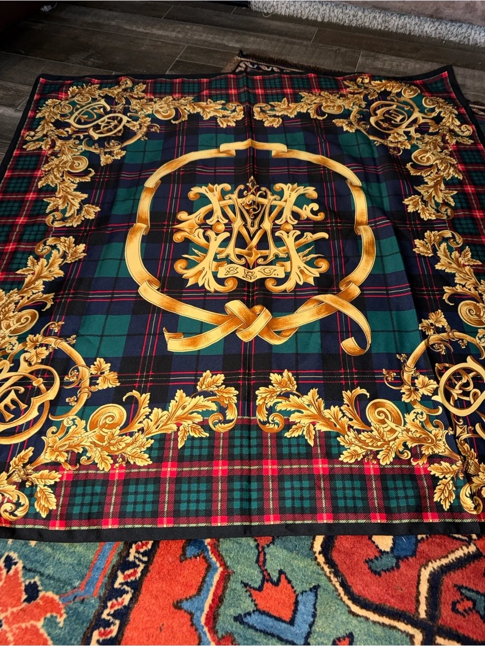 Vintage Baroque Tartan Plaid Square Scarf Gold Regal Crest Renaissance 100% Silk